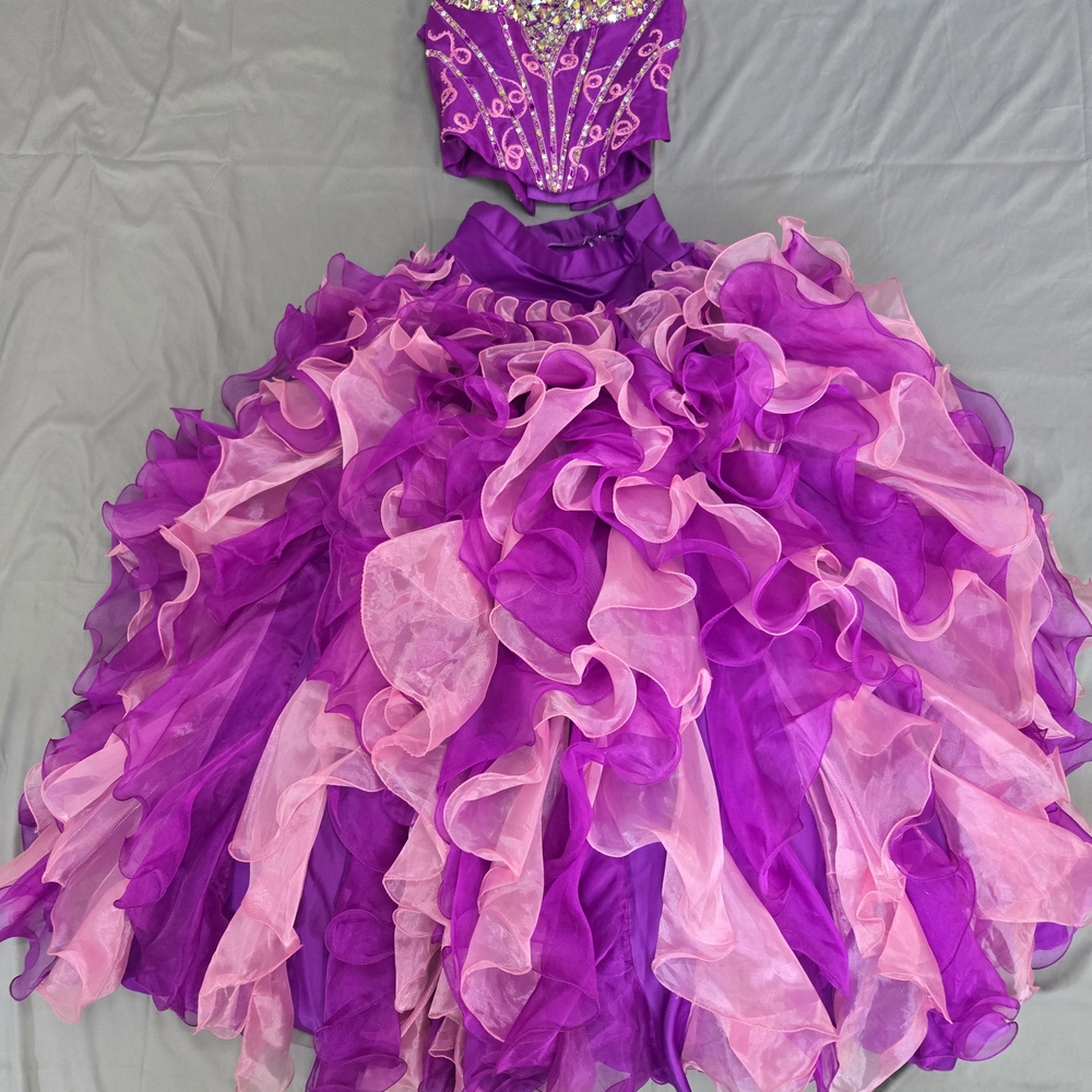 DaVinci Ruffled Prom Dress in Purple and Pink